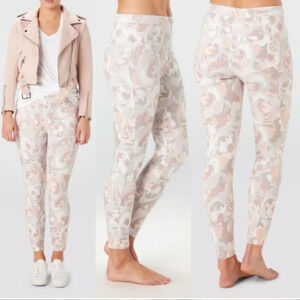 Spanx BLUSH BLOOM jeanish ankle leggings high waisted floral pink and grey Large